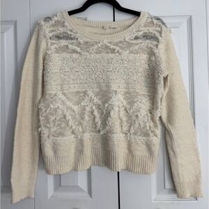 Anthropologie Moth Fuzzy Boho Crew Neck Sweater Women's Small Cream Ivory Knit